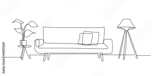 One continuous line drawing of sofa with lamp and potted deciduous plant. Home modern furniture of couch with two pillows in simple linear style. Editable stroke Vector illustration