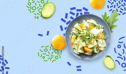 Plate with fresh salad on white background