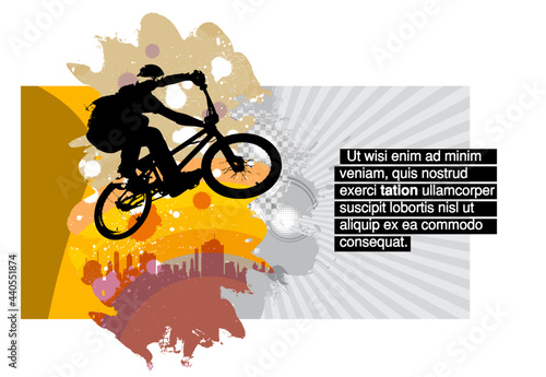 Active young man doing tricks on a bicycle, extreme sport concept. Sport background ready for poster or banner, vector.