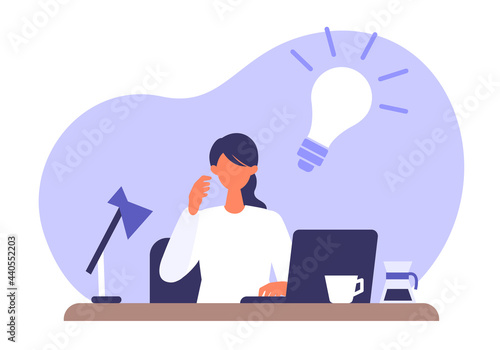 Thinking businesswoman and light bulb sign. Problem solving concepts.
