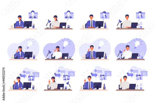 Telecommuting concept. Vector illustration of people having communication via telecommuting system.