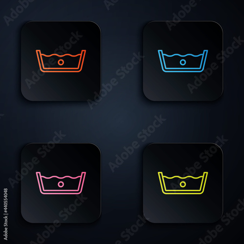 Color neon line Washing under 30 degrees celsius icon isolated on black background. Temperature wash. Set icons in square buttons. Vector