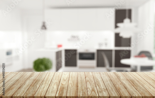 Wooden table desk on Blurred background of kitchen.
