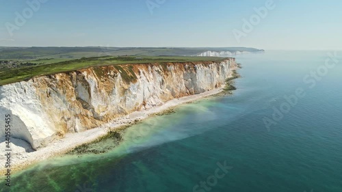 Seven Sisters, white cliffs iconic chalk cliff formation opposite Cuckmere Haven, Sussex, England, UK photo
