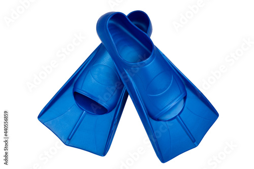 Fins are isolated on a white background. Flippers. Open toe and closed heel for professional swimming and training. Shortened blue flippers photo