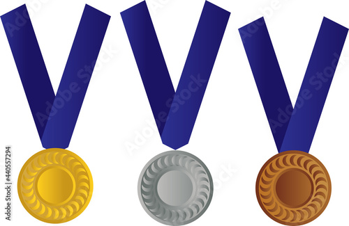 gold medal with ribbon isolated. silver, bronze medal award realistic vector illustration in 3d. symbol of, winner, win, success, achieve
