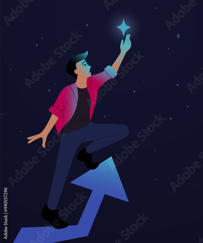 Guy reaches the star. Concept of success and achieved goal. Vector illustration 