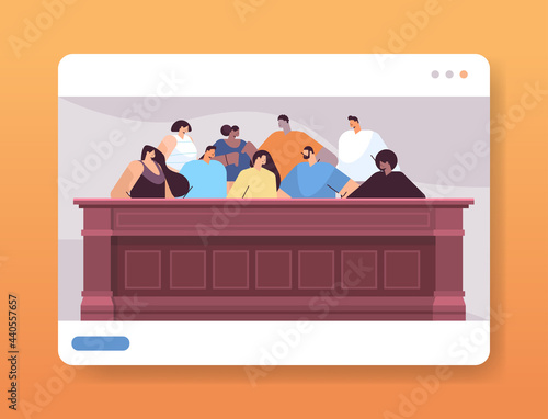 mix race jurors sitting in jury box law court trial session online judging process concept courtroom interior