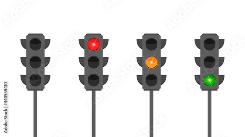 Flat set of traffic lights with colored lights turned on