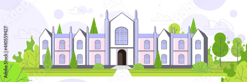 modern national university or college building exterior empty front yard with green grass and trees