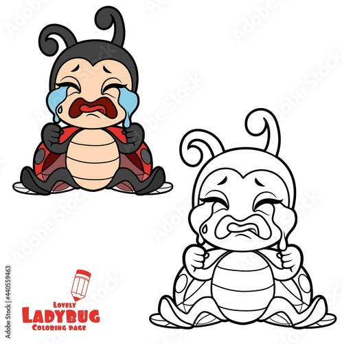 Cute cartoon little ladybug sitting on the floor and crying sobbing color variation for coloring page isolated on white background