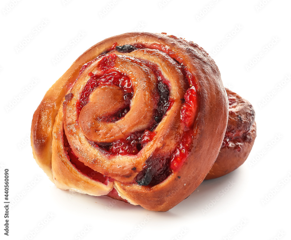 Fototapeta premium Delicious bun with jam on white background