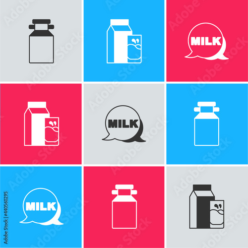 Set Can container for milk, Paper package kefir and Lettering icon. Vector