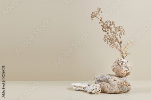 Abstract nature scene with composition of stones and dry branch. Neutral beige background for cosmetic, beauty product branding, identity and packaging. Natural pastel colors. Copy space, front view. photo