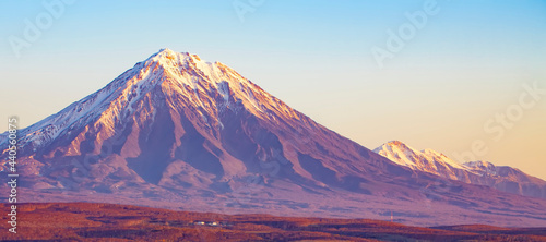 Panoramic view of the city Petropavlovsk-Kamchatsky and volcanoes photo