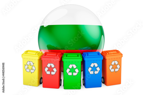 Waste recycling in Bulgaria. Colored recycling bins with Bulgarian flag, 3D rendering