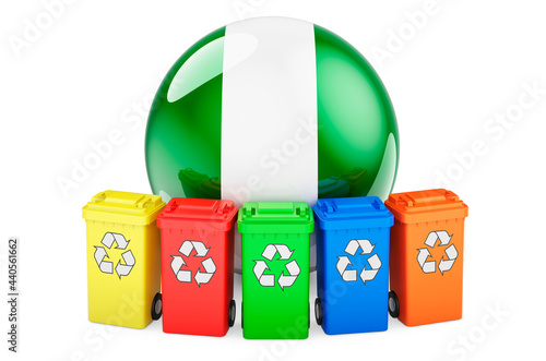 Waste recycling in Nigeria. Colored recycling bins with Nigerian flag, 3D rendering