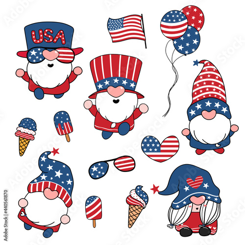 Independence day gnome elements cute cartoon vector collection summer America ice cream and flag