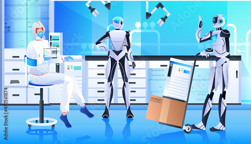 robots with scientist in protective suit making experiments in lab genetic engineering artificial intelligence concept