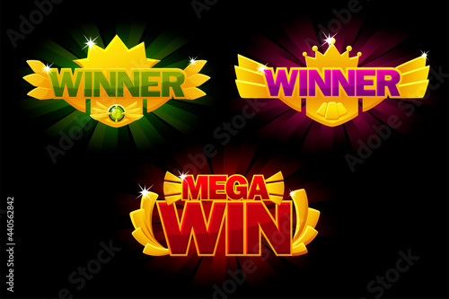 Screen Winner, Mega Win gold award, glowing banners for ui game.