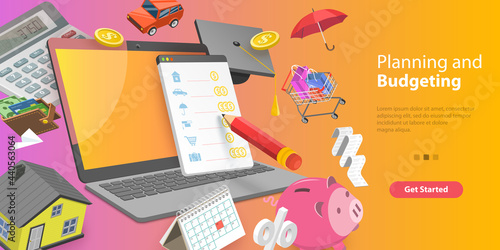 3D Isometric Flat Vector Conceptual Illustration of Budget Management Software, Financial Planning