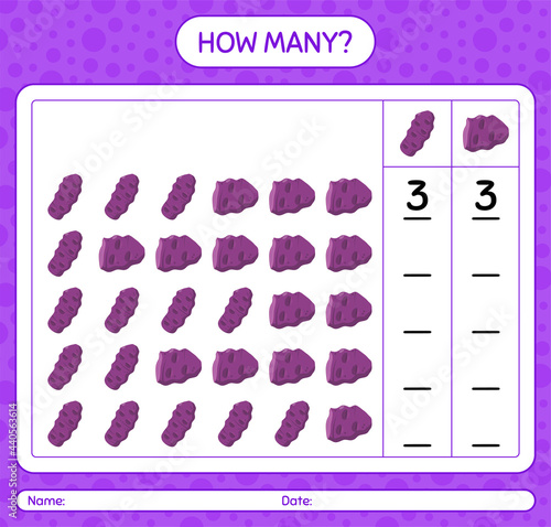 How many counting game with purple taewa. worksheet for preschool kids, kids activity sheet, printable worksheet photo