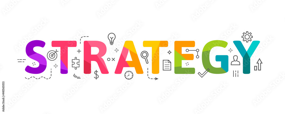 Fototapeta premium Strategy concept, word lettering typography in colorful low poly design with related thin line icons. Letters, icon set, design elements, banner.
