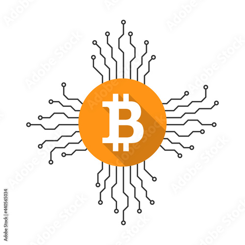 Bitcoin and circuit lines as crypto currency, digital, electronic and virtual money concept. Cryptocurrency technology symbol.