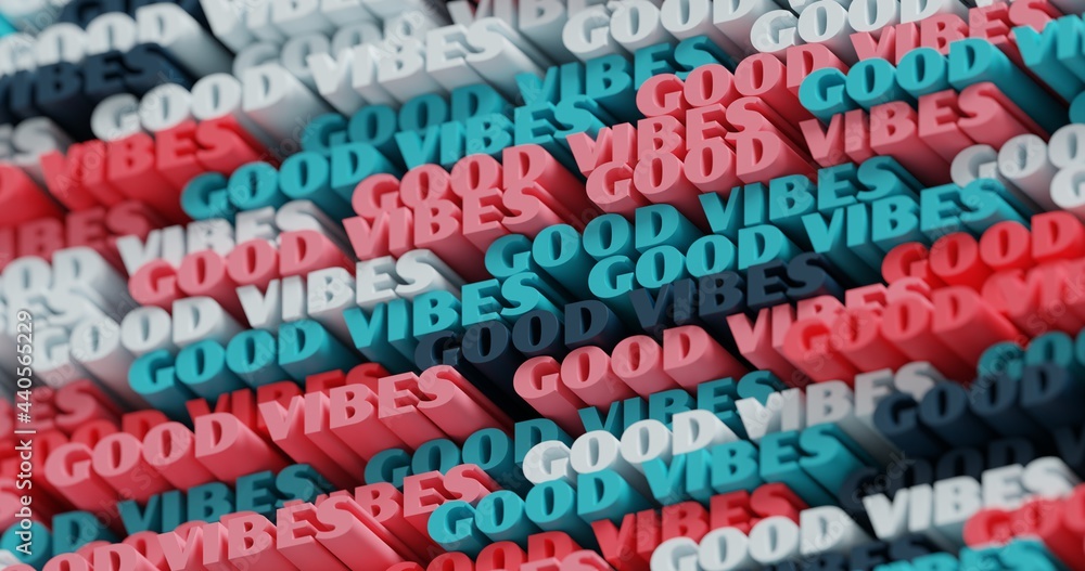 3D Good Vibes. Abstract typographic 3D lettering background. Modern bright trendy word pattern in pink, blue, graphite and white. Contemporary cover, backdrop for presentations