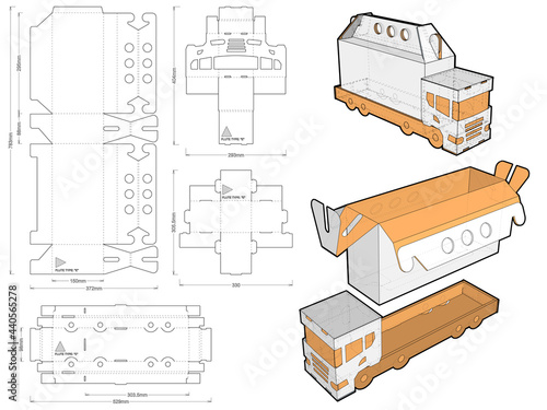 Truck-Shape box with handle and Die-cut Pattern. The .eps file is full scale and fully functional. Prepared for real cardboard production.
