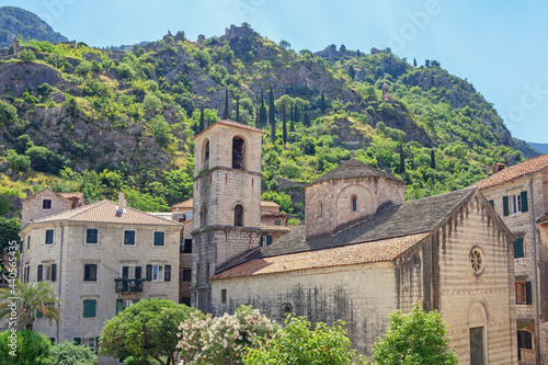 Montenegro. Old Town of Kotor - UNESCO World Heritage site.  View of  ancient Church of St. Mary  on sunny summer day