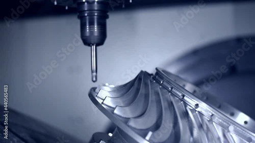 CNC turning drill milling factory processes steel turbine part process. Metal machine tools industry.