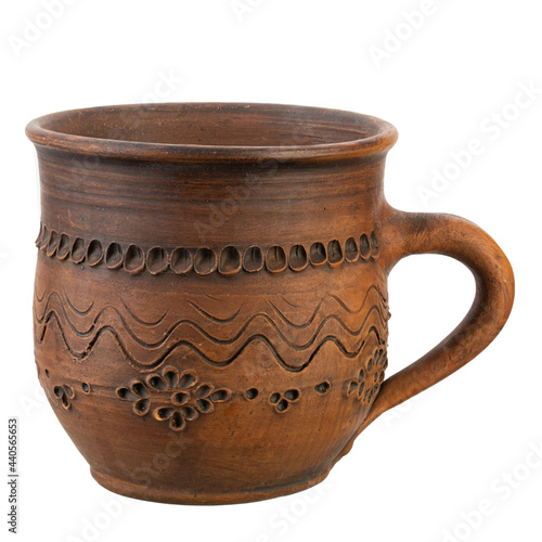 Dishes for drinks. Two clay (ceramic) cups (mugs) for milk or tea isolated on a white background. Pottery production.