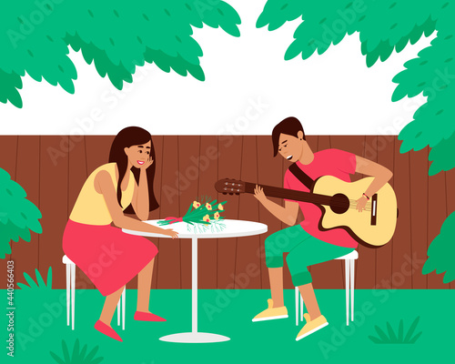 The guitarist plays a serenade in the yard of his woman. A man sings a song with a guitar. Date of lovers. Isolation entertainment. Flat vector illustration.