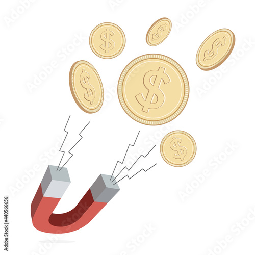 Magnet attracting US dollar coins. Attracting money concept. Vector illustration