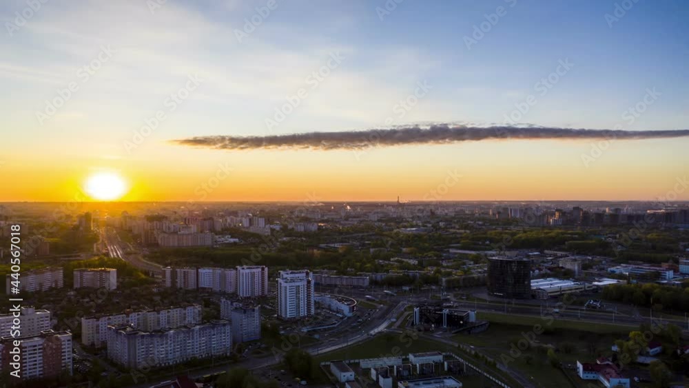 Aerial bird-eye view cityscape on sunrise, hyperlapse. Townscape view in Minsk. Aerial bird-eye view cityscape on sunrise, hyperlapse. Townscape view in Minsk.