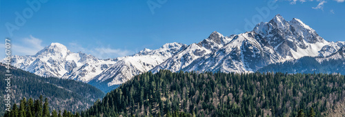 Panoramic landscape view, snow covered mountain peaks on mountain range. Hills and mountains covered with green pine forest, Arkhyz villadge, Caucasus mountains, Russia