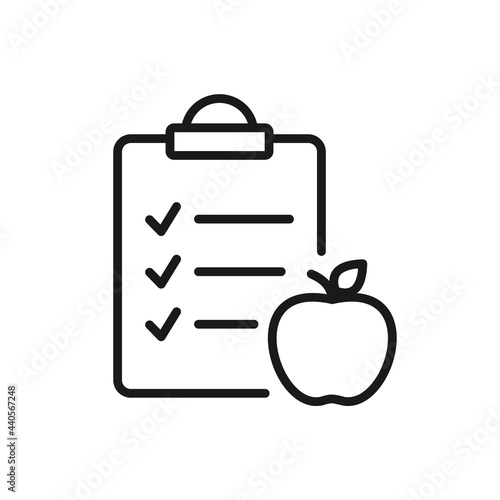 Apple with checklist line icon. Healthy diet concept. Nutrition plan. Meal schedule. Fruit and vegetables importance. Vegan and vegetarian food concept task list. Vector illustration, flat, clip art. 
