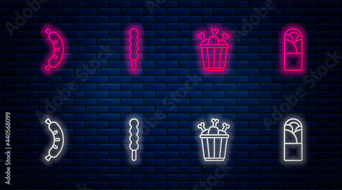 Set line Lollipop, Chicken leg in package box, Hotdog and Doner kebab. Glowing neon icon on brick wall. Vector