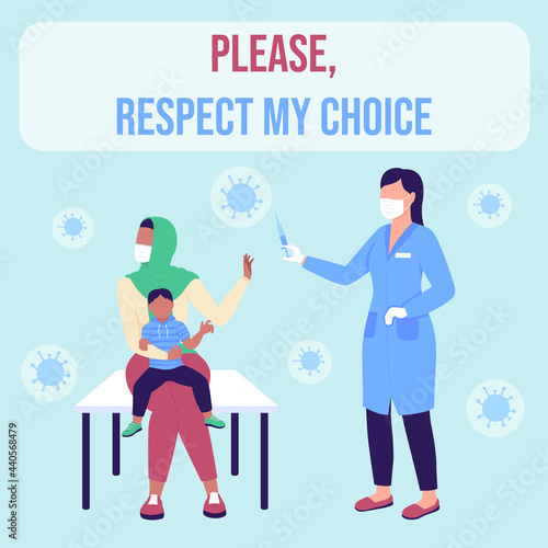 Anti vaccination social media post mockup. Please respect my choice phrase. Web banner design template. Health care booster, content layout with inscription. Poster, print ads and flat illustration