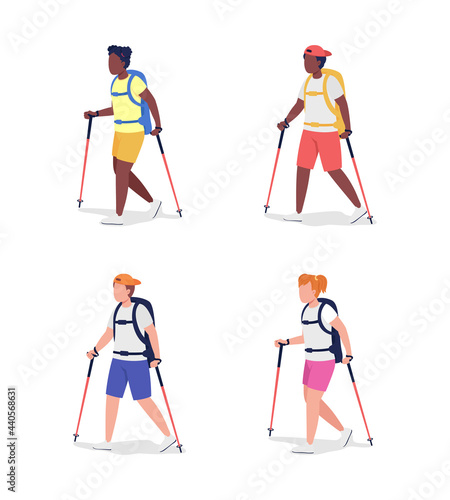 Trekkers semi flat color vector character set. Hikers figures. Full body people on white. Outdoor activity isolated modern cartoon style illustration for graphic design and animation collection