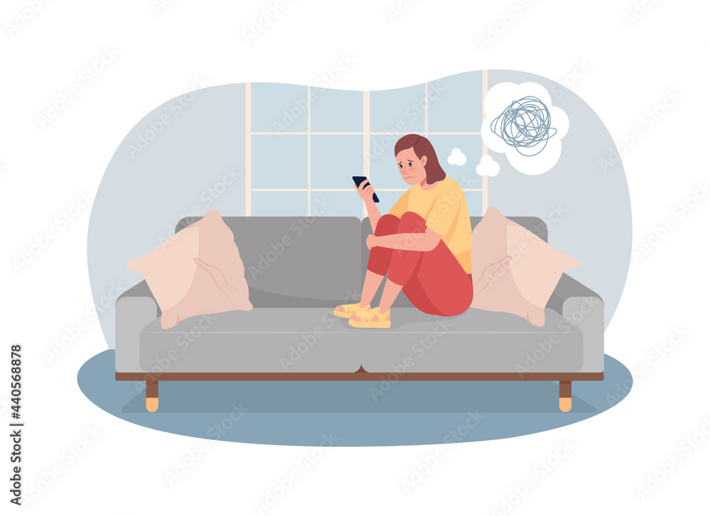 Unhappy teen girl look at phone screen 2D vector isolated illustration. Adolescent kid with depressing thoughts at home flat characters on cartoon background. Teenager problem colourful scene Unhappy teen girl look at phone screen 2D vector isolated illustration. Adolescent kid with depressing thoughts at home flat characters on cartoon background. Teenager problem colourful scene