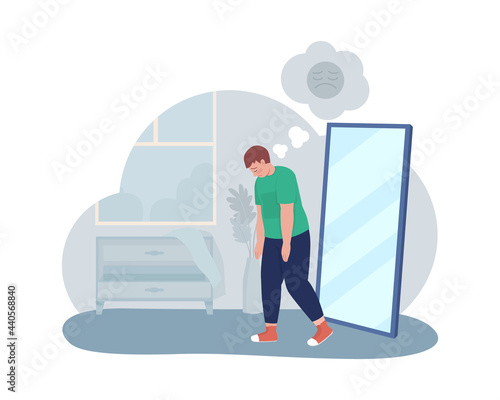 Obese unhappy teen boy 2D vector isolated illustration. Sad kid with depressing thoughts. Fat child in front of mirror flat characters on cartoon background. Teenager problem colourful scene