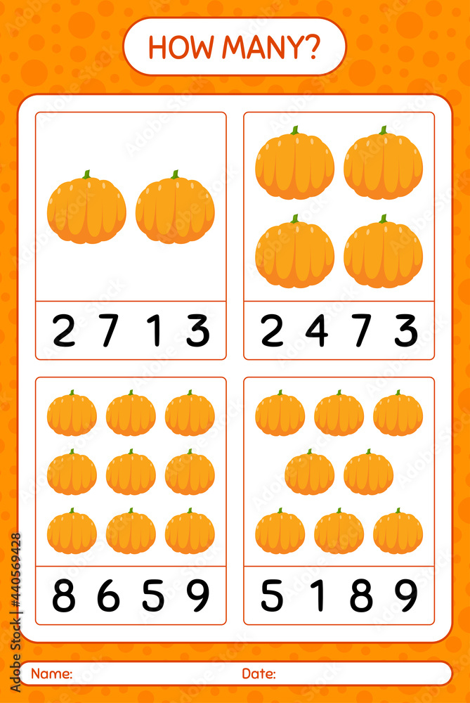 How many counting game with pumpkin. worksheet for preschool kids, kids activity sheet, printable worksheet