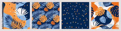 Contemporary art collage of tropical leaves and polka dot in orange yellow and light, deep blue colors. Seamless pattern set. Modern design for print, paper, packaging, cover, fabric, interior decor