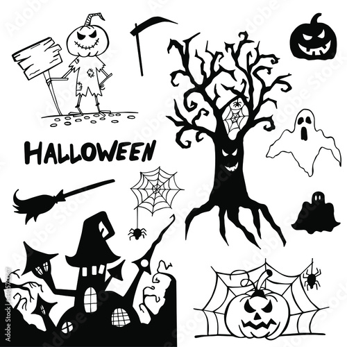 Halloween doodle set hand drawn. Halloween vector collection of holiday symbols. Pumpkin, graves, ghosts, horror, fear and other drawn vector Halloween elements.