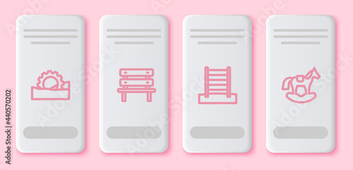 Set line Ferris wheel, Bench, Swedish wall and Horse in saddle swing. White rectangle button. Vector