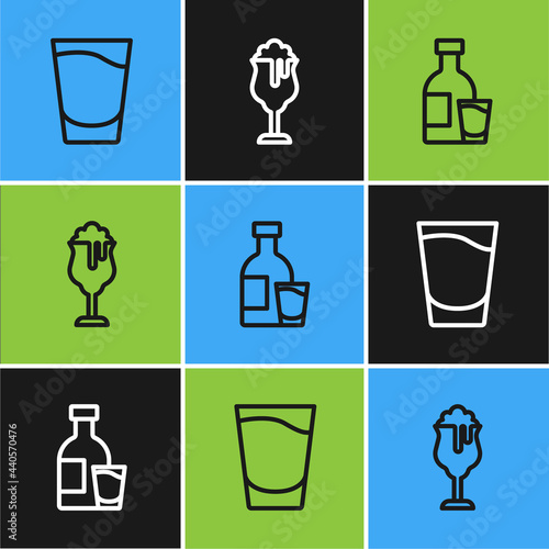 Set line Shot glass, Bottle of vodka with and Glass beer icon. Vector