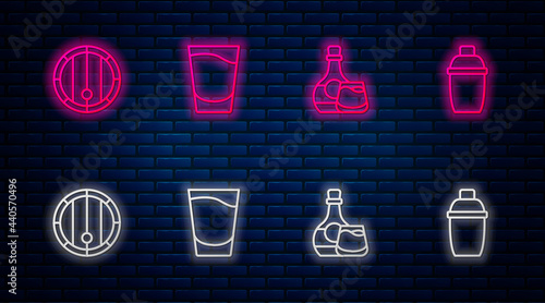 Set line Shot glass, Whiskey bottle and, Wooden barrel and Cocktail shaker. Glowing neon icon on brick wall. Vector