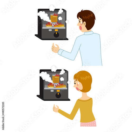 ストーブが火事になって焦る男女